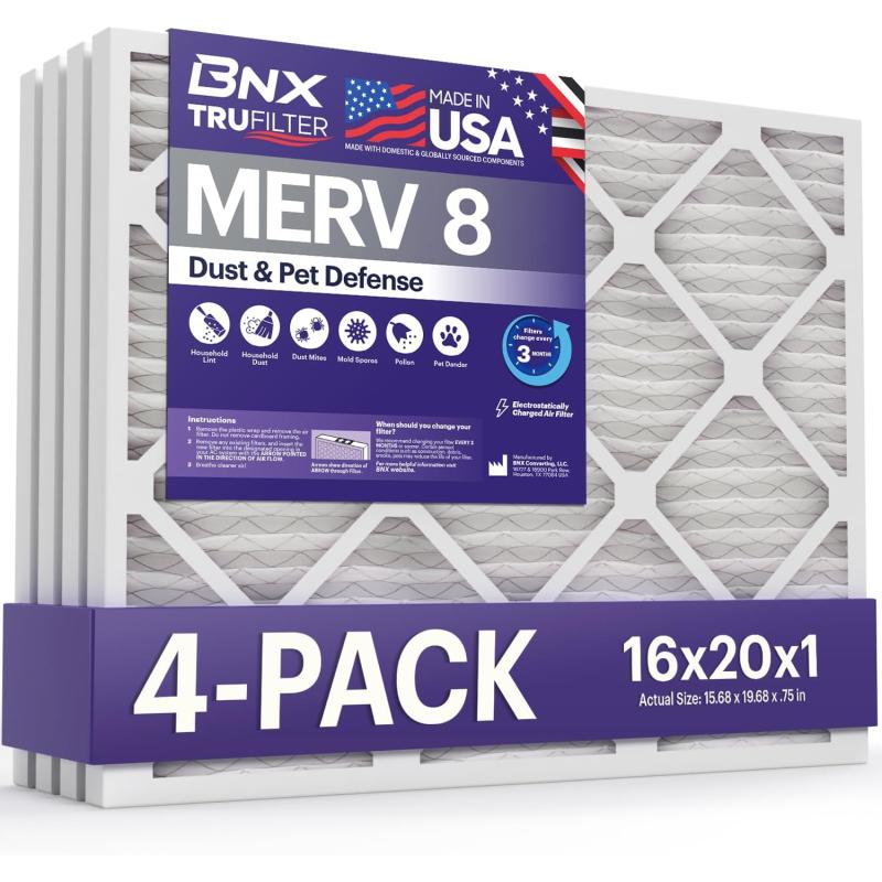 BNX TruFilter 16x25x1 Air Filter MERV 8 6Pack  MADE IN USA  Dust ampamp Pet Defense Electrostatic Pleated Air Conditioner HVAC AC Furnace Filters for Dust Pet Mold Pollen MPR 600  700 ampamp FPR 516x20x1 4Pack