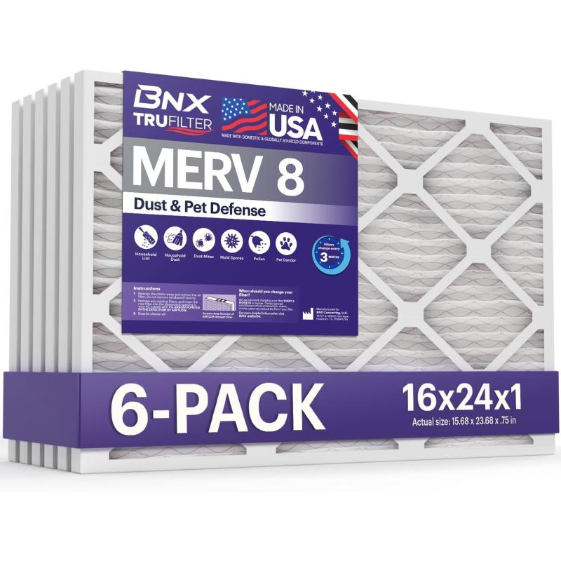 BNX TruFilter 16x25x1 Air Filter MERV 8 6Pack  MADE IN USA  Dust ampamp Pet Defense Electrostatic Pleated Air Conditioner HVAC AC Furnace Filters for Dust Pet Mold Pollen MPR 600  700 ampamp FPR 516x24x1 6Pack