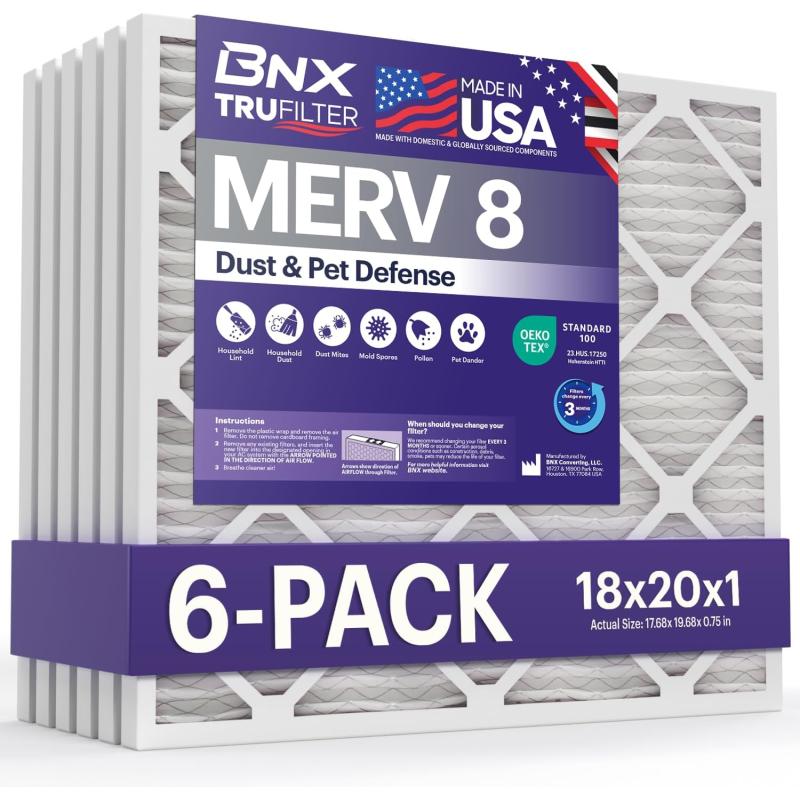 BNX TruFilter 16x25x1 Air Filter MERV 8 6Pack  MADE IN USA  Dust ampamp Pet Defense Electrostatic Pleated Air Conditioner HVAC AC Furnace Filters for Dust Pet Mold Pollen MPR 600  700 ampamp FPR 518x20x1 6Pack