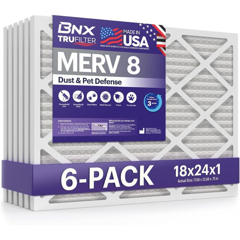 BNX TruFilter 16x25x1 Air Filter MERV 8 6Pack  MADE IN USA  Dust ampamp Pet Defense Electrostatic Pleated Air Conditioner HVAC AC Furnace Filters for Dust Pet Mold Pollen MPR 600  700 ampamp FPR 518x24x1 6Pack