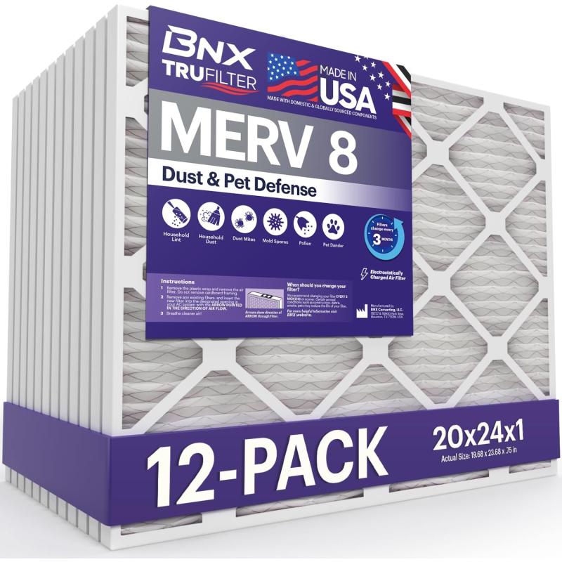 BNX TruFilter 16x25x1 Air Filter MERV 8 6Pack  MADE IN USA  Dust ampamp Pet Defense Electrostatic Pleated Air Conditioner HVAC AC Furnace Filters for Dust Pet Mold Pollen MPR 600  700 ampamp FPR 520x24x1 12Pack