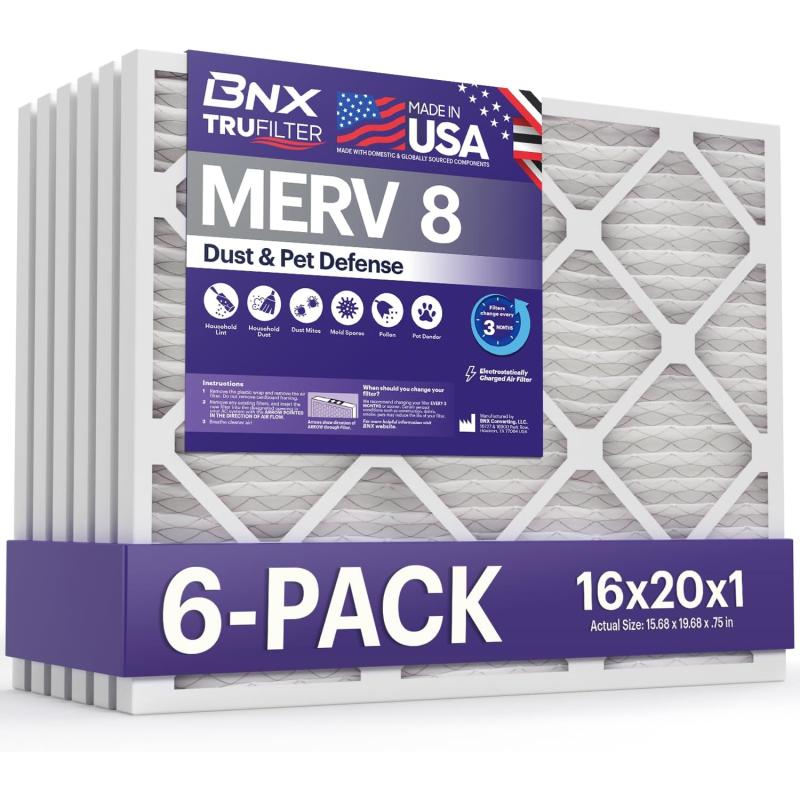 BNX TruFilter 16x25x1 Air Filter MERV 8 6Pack  MADE IN USA  Dust ampamp Pet Defense Electrostatic Pleated Air Conditioner HVAC AC Furnace Filters for Dust Pet Mold Pollen MPR 600  700 ampamp FPR 516x20x1 6Pack