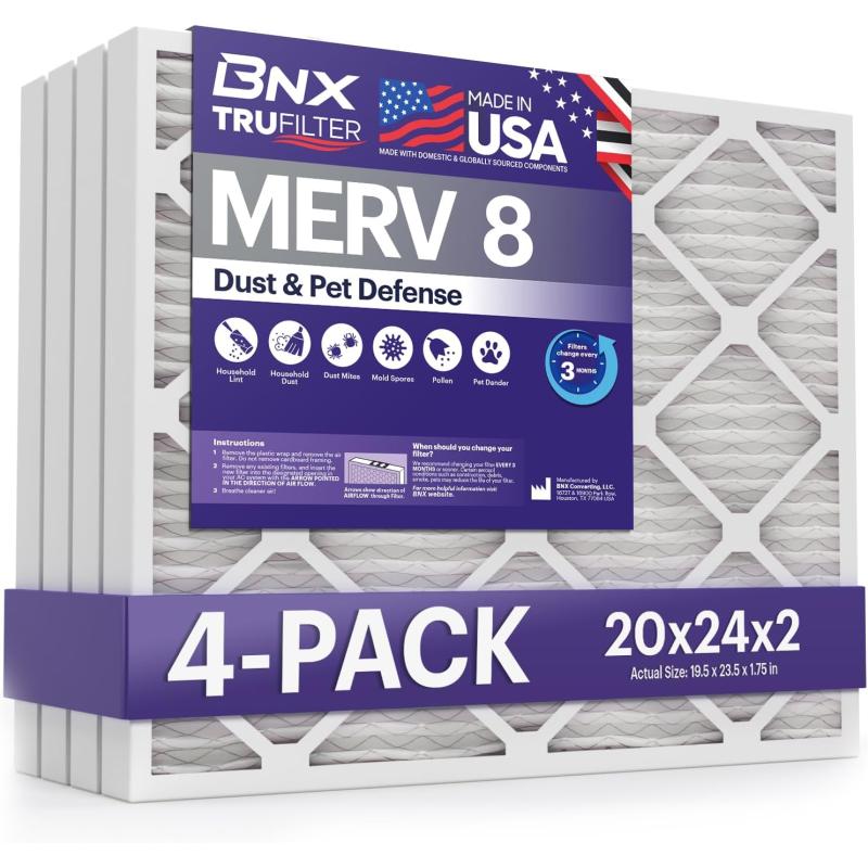 BNX TruFilter 16x25x1 Air Filter MERV 8 6Pack  MADE IN USA  Dust ampamp Pet Defense Electrostatic Pleated Air Conditioner HVAC AC Furnace Filters for Dust Pet Mold Pollen MPR 600  700 ampamp FPR 520x24x2 4Pack