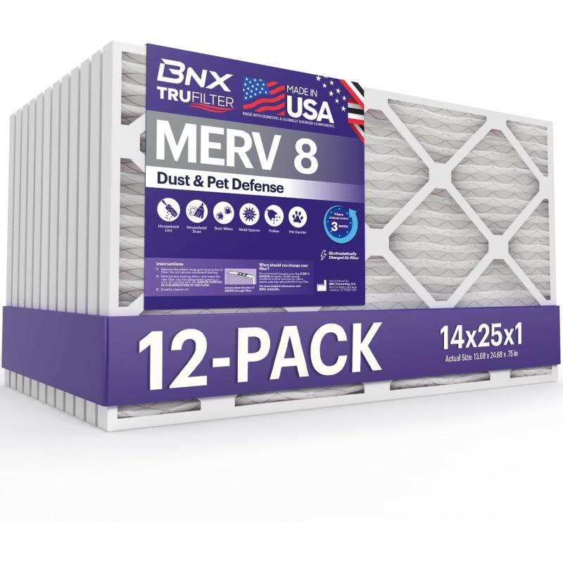 BNX TruFilter 16x25x1 Air Filter MERV 8 6Pack  MADE IN USA  Dust ampamp Pet Defense Electrostatic Pleated Air Conditioner HVAC AC Furnace Filters for Dust Pet Mold Pollen MPR 600  700 ampamp FPR 514x25x1 12Pack