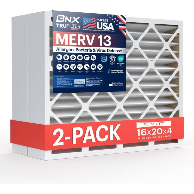BNX TruFilter 18x20x1 Air Filter MERV 13 4Pack  MADE IN USA  Electrostatic Pleated Air Conditioner HVAC AC Furnace Filters for Allergies Pollen Mold Bacteria Smoke Allergen MPR 1900 FPR 1016x20x4 2Pack Slim Fit