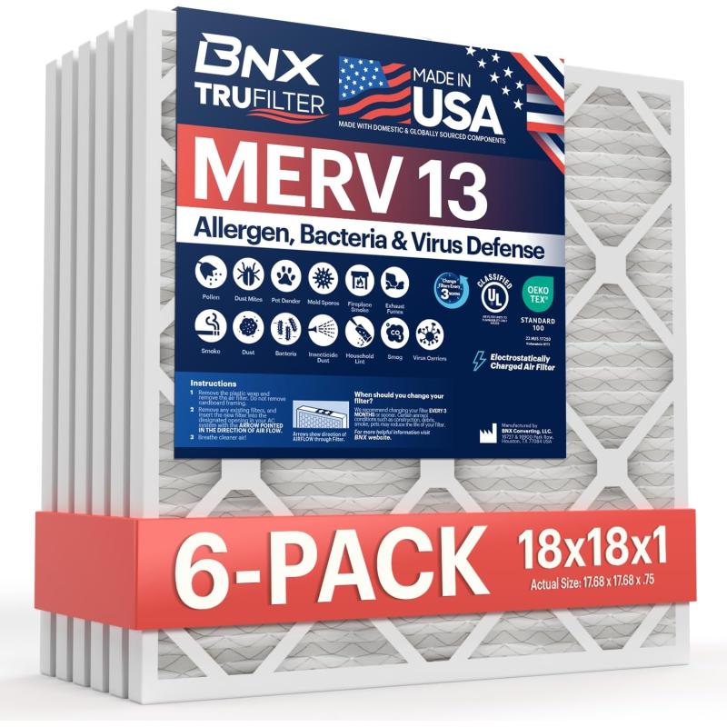 BNX TruFilter 18x20x1 Air Filter MERV 13 4Pack  MADE IN USA  Electrostatic Pleated Air Conditioner HVAC AC Furnace Filters for Allergies Pollen Mold Bacteria Smoke Allergen MPR 1900 FPR 1018x18x1 6Pack