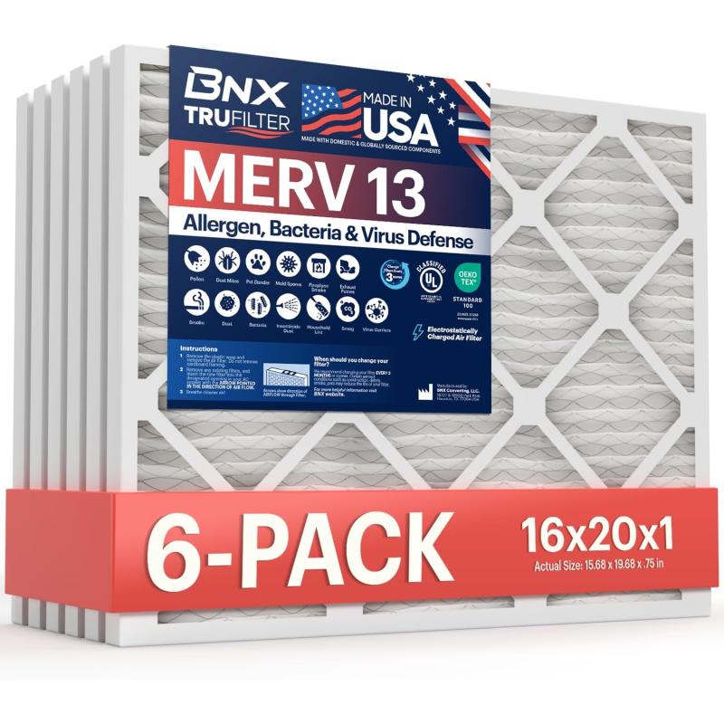 BNX TruFilter 18x20x1 Air Filter MERV 13 4Pack  MADE IN USA  Electrostatic Pleated Air Conditioner HVAC AC Furnace Filters for Allergies Pollen Mold Bacteria Smoke Allergen MPR 1900 FPR 1016x20x1 6Pack