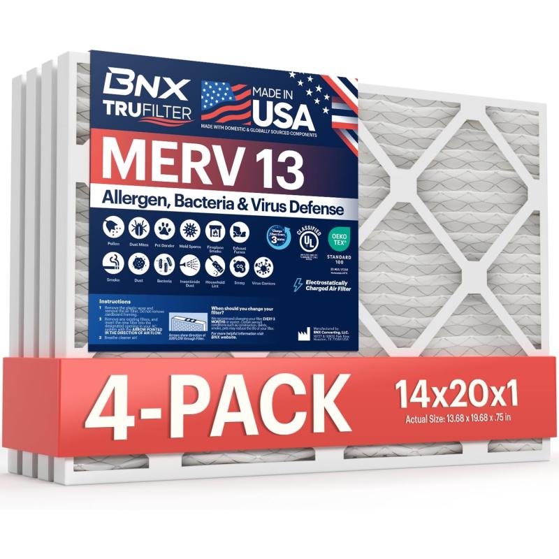 BNX TruFilter 18x20x1 Air Filter MERV 13 4Pack  MADE IN USA  Electrostatic Pleated Air Conditioner HVAC AC Furnace Filters for Allergies Pollen Mold Bacteria Smoke Allergen MPR 1900 FPR 1014x20x1 4Pack