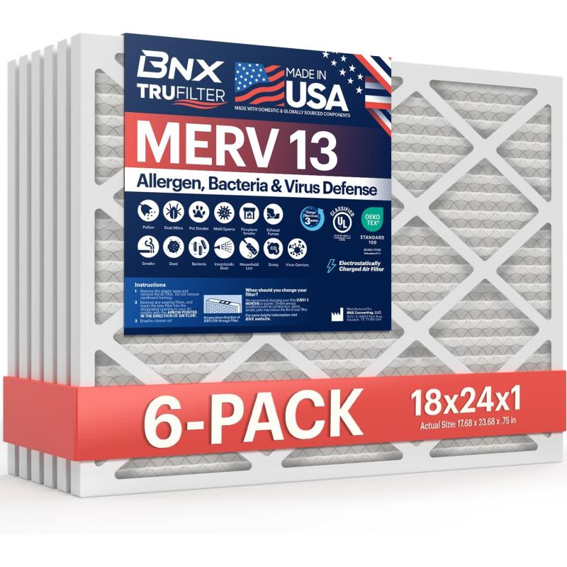 BNX TruFilter 18x20x1 Air Filter MERV 13 4Pack  MADE IN USA  Electrostatic Pleated Air Conditioner HVAC AC Furnace Filters for Allergies Pollen Mold Bacteria Smoke Allergen MPR 1900 FPR 1018x24x1 6Pack