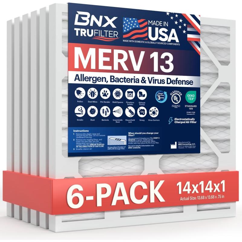 BNX TruFilter 18x20x1 Air Filter MERV 13 4Pack  MADE IN USA  Electrostatic Pleated Air Conditioner HVAC AC Furnace Filters for Allergies Pollen Mold Bacteria Smoke Allergen MPR 1900 FPR 1014x14x1 6Pack