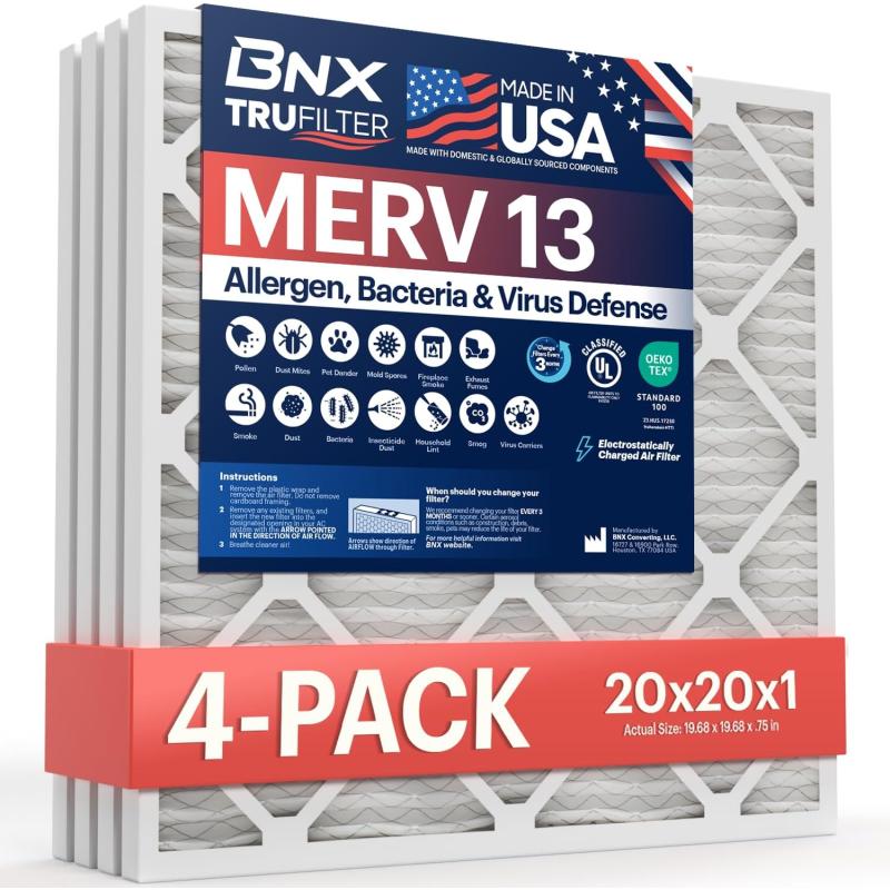 BNX TruFilter 18x20x1 Air Filter MERV 13 4Pack  MADE IN USA  Electrostatic Pleated Air Conditioner HVAC AC Furnace Filters for Allergies Pollen Mold Bacteria Smoke Allergen MPR 1900 FPR 1020x20x1 4Pack