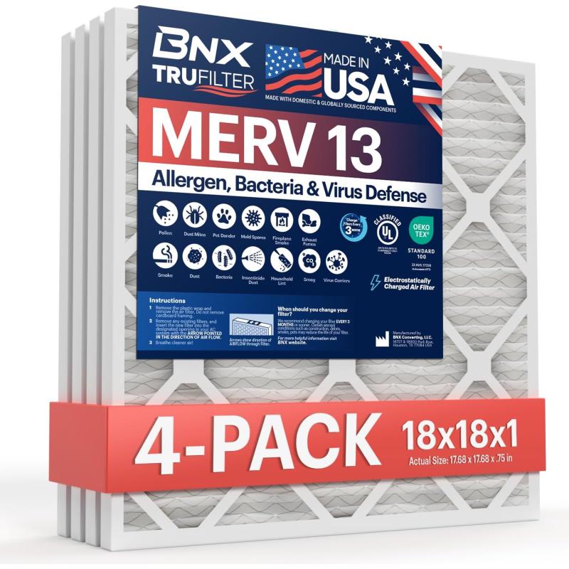 BNX TruFilter 18x20x1 Air Filter MERV 13 4Pack  MADE IN USA  Electrostatic Pleated Air Conditioner HVAC AC Furnace Filters for Allergies Pollen Mold Bacteria Smoke Allergen MPR 1900 FPR 1018x18x1 4Pack