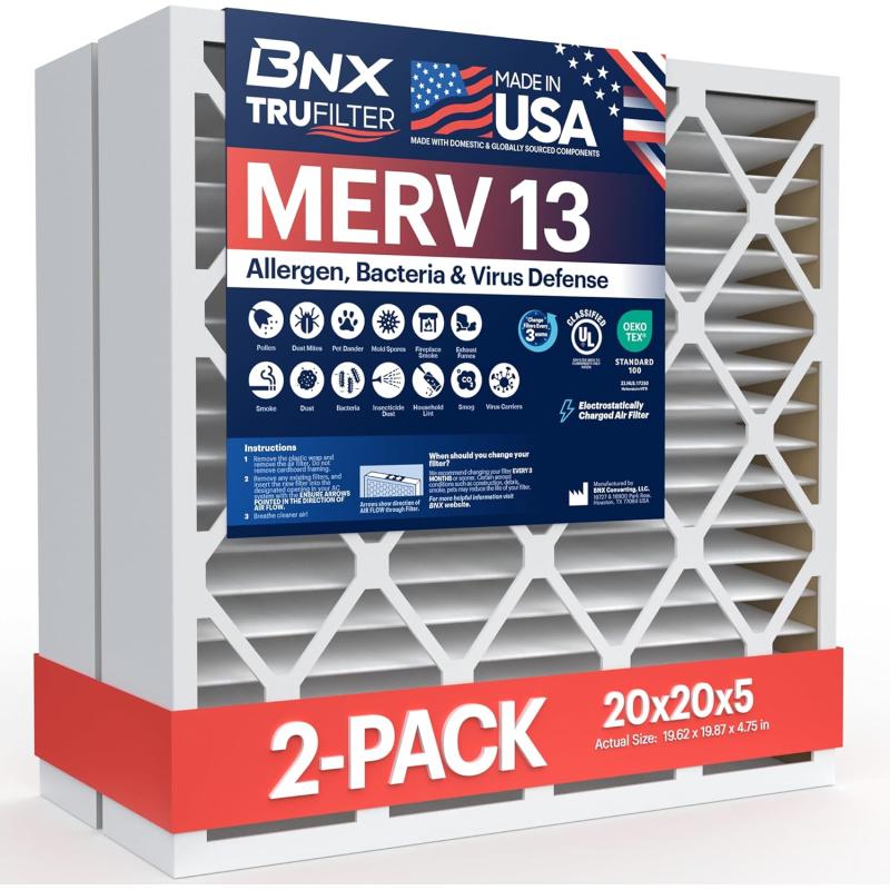 BNX TruFilter 18x20x1 Air Filter MERV 13 4Pack  MADE IN USA  Electrostatic Pleated Air Conditioner HVAC AC Furnace Filters for Allergies Pollen Mold Bacteria Smoke Allergen MPR 1900 FPR 1020x20x5 2Pack Honeywell Compatible