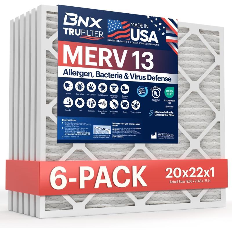 BNX TruFilter 18x20x1 Air Filter MERV 13 4Pack  MADE IN USA  Electrostatic Pleated Air Conditioner HVAC AC Furnace Filters for Allergies Pollen Mold Bacteria Smoke Allergen MPR 1900 FPR 1020x22x1 6Pack