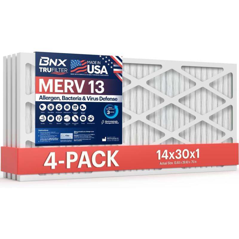BNX TruFilter 18x20x1 Air Filter MERV 13 4Pack  MADE IN USA  Electrostatic Pleated Air Conditioner HVAC AC Furnace Filters for Allergies Pollen Mold Bacteria Smoke Allergen MPR 1900 FPR 1014x30x1 4pack
