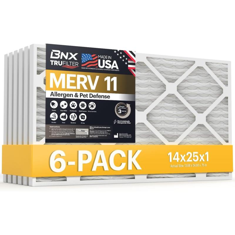 BNX TruFilter 20x22x1 Air Filter MERV 11 6Pack  MADE IN USA  Allergen Defense Electrostatic Pleated Air Conditioner HVAC AC Furnace Filters for Allergies Dust Pet Smoke Allergy MPR 1200 FPR 714x25x1 6pack