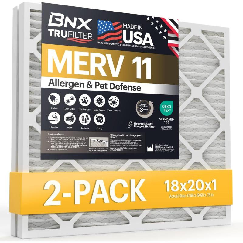 BNX TruFilter 20x22x1 Air Filter MERV 11 6Pack  MADE IN USA  Allergen Defense Electrostatic Pleated Air Conditioner HVAC AC Furnace Filters for Allergies Dust Pet Smoke Allergy MPR 1200 FPR 718x20x1 2Pack