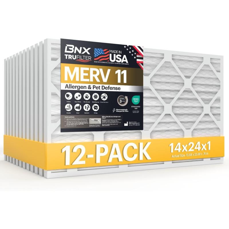 BNX TruFilter 20x22x1 Air Filter MERV 11 6Pack  MADE IN USA  Allergen Defense Electrostatic Pleated Air Conditioner HVAC AC Furnace Filters for Allergies Dust Pet Smoke Allergy MPR 1200 FPR 714x24x1 12Pack