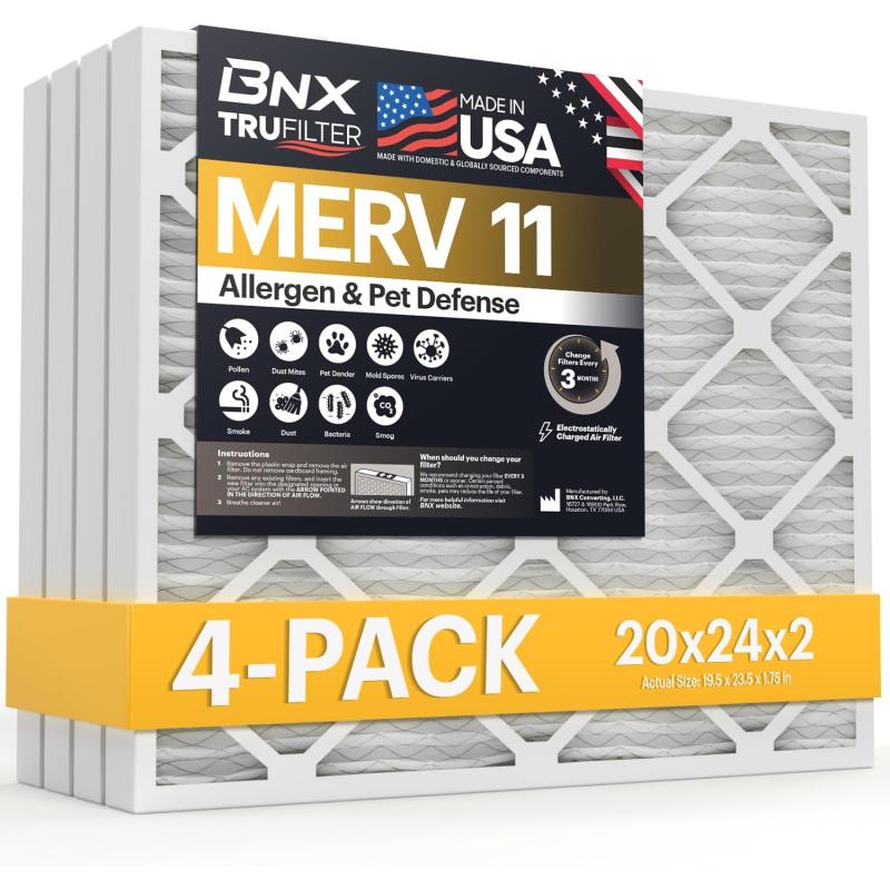 BNX TruFilter 20x22x1 Air Filter MERV 11 6Pack  MADE IN USA  Allergen Defense Electrostatic Pleated Air Conditioner HVAC AC Furnace Filters for Allergies Dust Pet Smoke Allergy MPR 1200 FPR 720x24x2 4Pack
