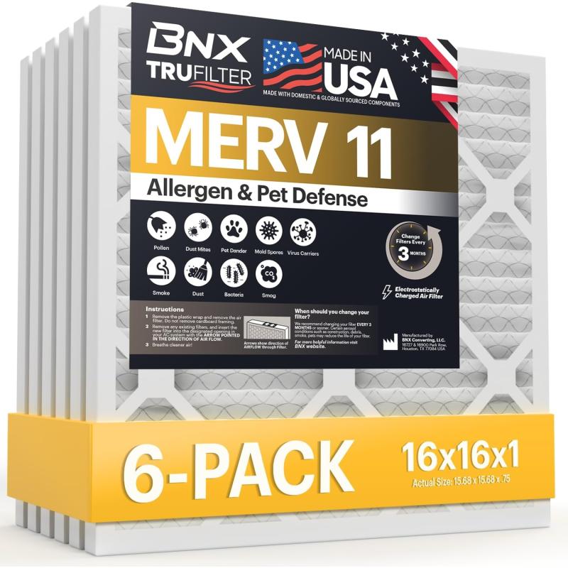 BNX TruFilter 20x22x1 Air Filter MERV 11 6Pack  MADE IN USA  Allergen Defense Electrostatic Pleated Air Conditioner HVAC AC Furnace Filters for Allergies Dust Pet Smoke Allergy MPR 1200 FPR 716x16x1 6Pack