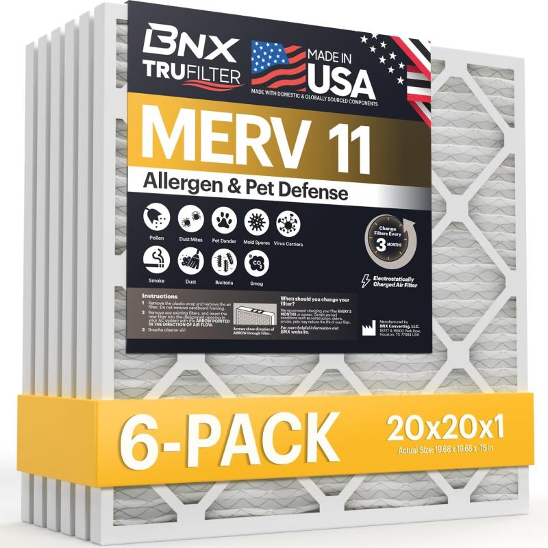 BNX TruFilter 20x22x1 Air Filter MERV 11 6Pack  MADE IN USA  Allergen Defense Electrostatic Pleated Air Conditioner HVAC AC Furnace Filters for Allergies Dust Pet Smoke Allergy MPR 1200 FPR 720x20x1 6Pack