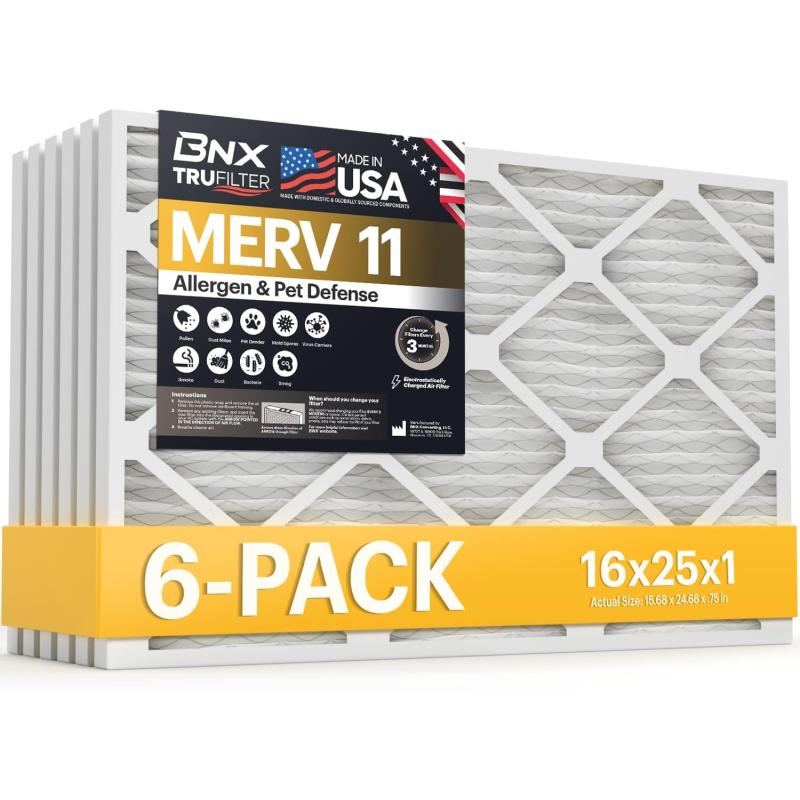 BNX TruFilter 20x22x1 Air Filter MERV 11 6Pack  MADE IN USA  Allergen Defense Electrostatic Pleated Air Conditioner HVAC AC Furnace Filters for Allergies Dust Pet Smoke Allergy MPR 1200 FPR 716x25x1 6Pack