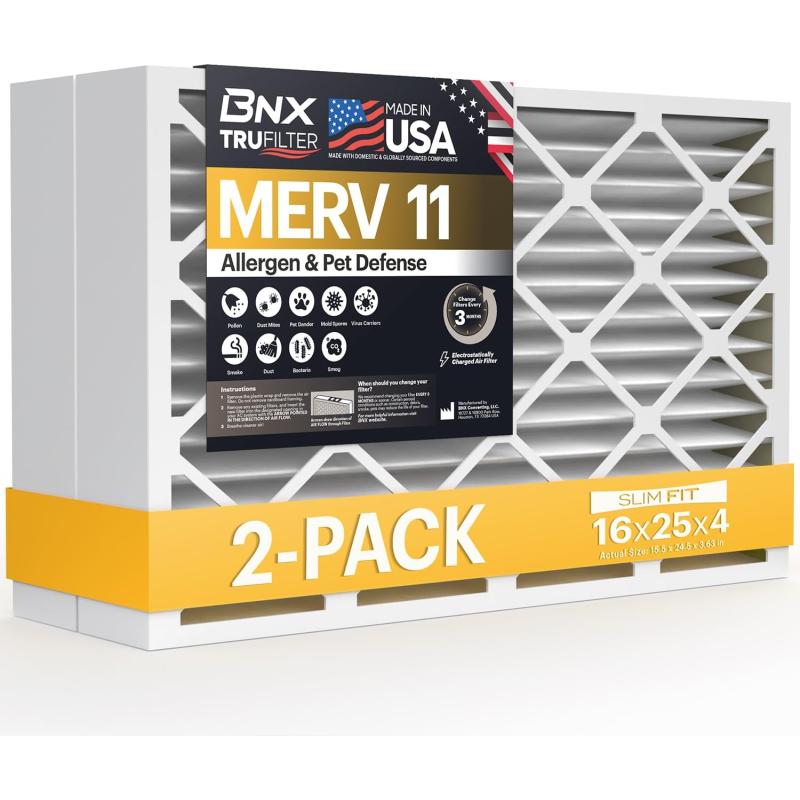 BNX TruFilter 20x22x1 Air Filter MERV 11 6Pack  MADE IN USA  Allergen Defense Electrostatic Pleated Air Conditioner HVAC AC Furnace Filters for Allergies Dust Pet Smoke Allergy MPR 1200 FPR 716x25x4 2Pack Slim Fit