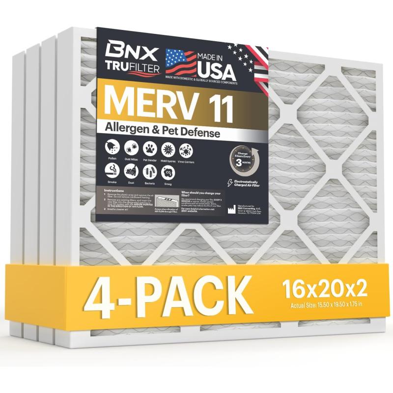 BNX TruFilter 20x22x1 Air Filter MERV 11 6Pack  MADE IN USA  Allergen Defense Electrostatic Pleated Air Conditioner HVAC AC Furnace Filters for Allergies Dust Pet Smoke Allergy MPR 1200 FPR 716x20x2 4Pack