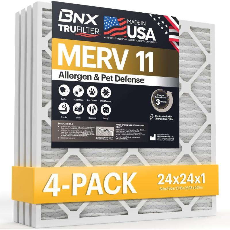 BNX TruFilter 20x22x1 Air Filter MERV 11 6Pack  MADE IN USA  Allergen Defense Electrostatic Pleated Air Conditioner HVAC AC Furnace Filters for Allergies Dust Pet Smoke Allergy MPR 1200 FPR 724x24x1 4Pack