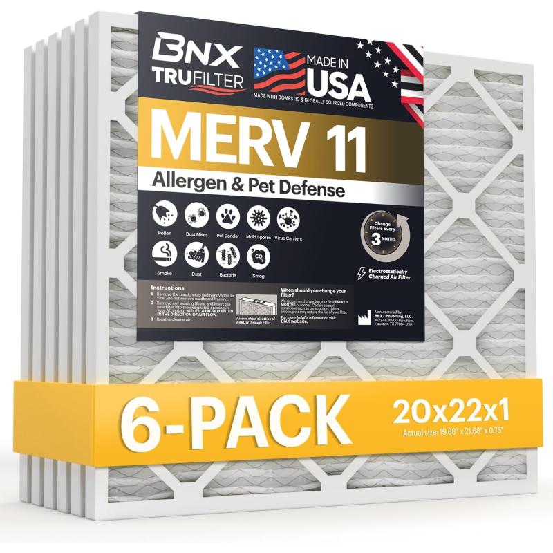 BNX TruFilter 20x22x1 Air Filter MERV 11 6Pack  MADE IN USA  Allergen Defense Electrostatic Pleated Air Conditioner HVAC AC Furnace Filters for Allergies Dust Pet Smoke Allergy MPR 1200 FPR 720x22x1 6pack