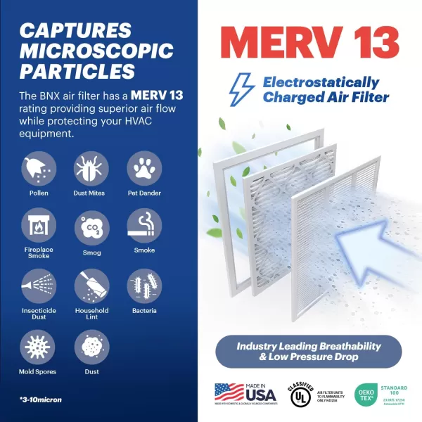 BNX TruFilter 10x10x1 Air Filter MERV 13 6Pack  MADE IN USA  Electrostatic Pleated Air Conditioner HVAC AC Furnace Filters for Allergies Pollen Mold Bacteria Smoke Allergen MPR 1900 FPR 1020x23x1 2Pack