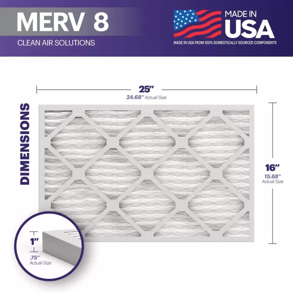 BNX TruFilter 16x25x1 Air Filter MERV 8 6Pack  MADE IN USA  Dust ampamp Pet Defense Electrostatic Pleated Air Conditioner HVAC AC Furnace Filters for Dust Pet Mold Pollen MPR 600  700 ampamp FPR 516x25x1 6Pack