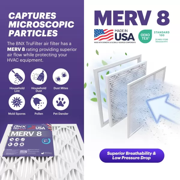 BNX TruFilter 16x25x1 Air Filter MERV 8 6Pack  MADE IN USA  Dust ampamp Pet Defense Electrostatic Pleated Air Conditioner HVAC AC Furnace Filters for Dust Pet Mold Pollen MPR 600  700 ampamp FPR 520x24x2 4Pack