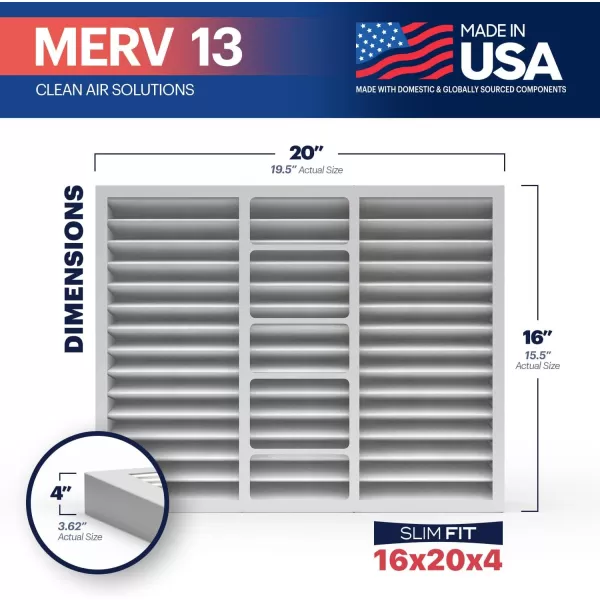 BNX TruFilter 18x20x1 Air Filter MERV 13 4Pack  MADE IN USA  Electrostatic Pleated Air Conditioner HVAC AC Furnace Filters for Allergies Pollen Mold Bacteria Smoke Allergen MPR 1900 FPR 1016x20x4 2Pack Slim Fit