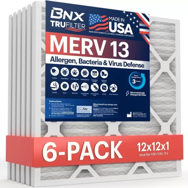 BNX TruFilter 10x10x1 Air Filter MERV 13 6Pack  MADE IN USA  Electrostatic Pleated Air Conditioner HVAC AC Furnace Filters for Allergies Pollen Mold Bacteria Smoke Allergen MPR 1900 FPR 1012x12x1 6Pack