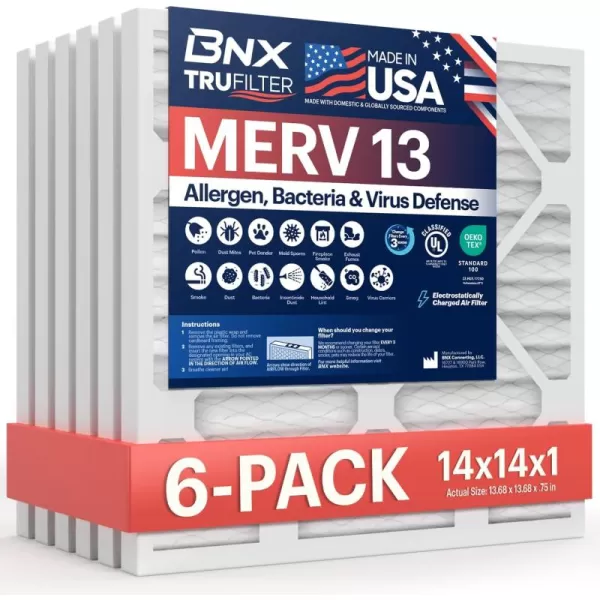 BNX TruFilter 10x10x1 Air Filter MERV 13 6Pack  MADE IN USA  Electrostatic Pleated Air Conditioner HVAC AC Furnace Filters for Allergies Pollen Mold Bacteria Smoke Allergen MPR 1900 FPR 1014x14x1 6Pack