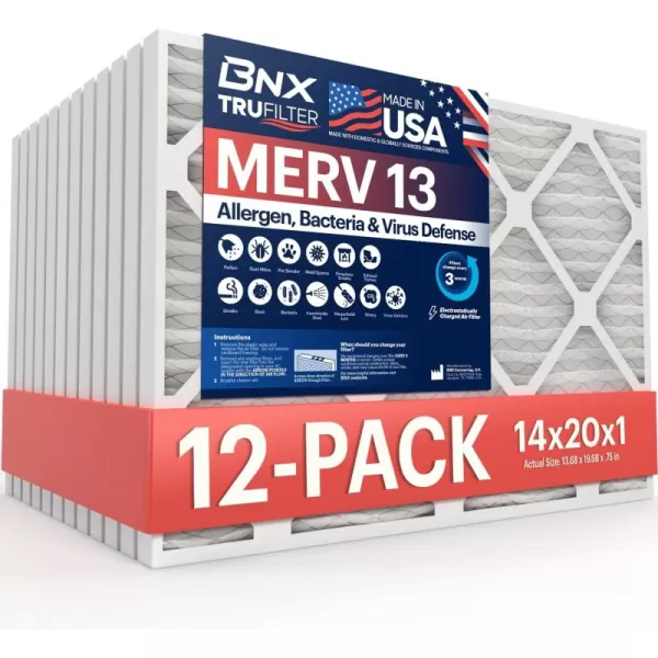 BNX TruFilter 10x10x1 Air Filter MERV 13 6Pack  MADE IN USA  Electrostatic Pleated Air Conditioner HVAC AC Furnace Filters for Allergies Pollen Mold Bacteria Smoke Allergen MPR 1900 FPR 1014x20x1 12Pack