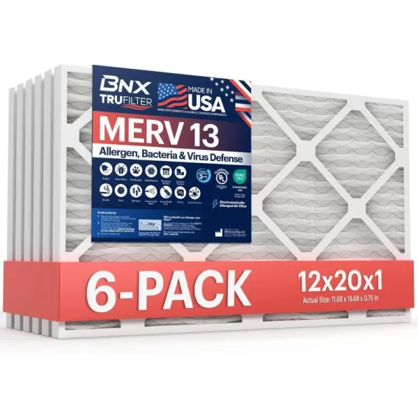 BNX TruFilter 10x10x1 Air Filter MERV 13 6Pack  MADE IN USA  Electrostatic Pleated Air Conditioner HVAC AC Furnace Filters for Allergies Pollen Mold Bacteria Smoke Allergen MPR 1900 FPR 1012x20x1 6Pack