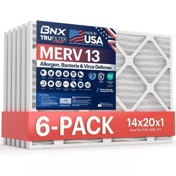 BNX TruFilter 10x10x1 Air Filter MERV 13 6Pack  MADE IN USA  Electrostatic Pleated Air Conditioner HVAC AC Furnace Filters for Allergies Pollen Mold Bacteria Smoke Allergen MPR 1900 FPR 1014x20x1 6Pack