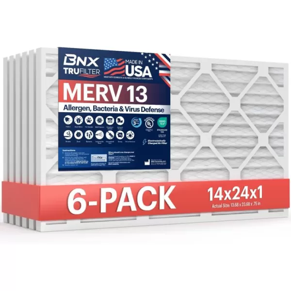 BNX TruFilter 10x10x1 Air Filter MERV 13 6Pack  MADE IN USA  Electrostatic Pleated Air Conditioner HVAC AC Furnace Filters for Allergies Pollen Mold Bacteria Smoke Allergen MPR 1900 FPR 1014x24x1 6Pack
