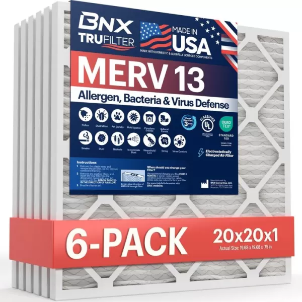 BNX TruFilter 10x10x1 Air Filter MERV 13 6Pack  MADE IN USA  Electrostatic Pleated Air Conditioner HVAC AC Furnace Filters for Allergies Pollen Mold Bacteria Smoke Allergen MPR 1900 FPR 1020x20x1 6Pack