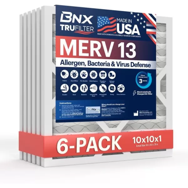 BNX TruFilter 10x10x1 Air Filter MERV 13 6Pack  MADE IN USA  Electrostatic Pleated Air Conditioner HVAC AC Furnace Filters for Allergies Pollen Mold Bacteria Smoke Allergen MPR 1900 FPR 1010x10x1 6Pack