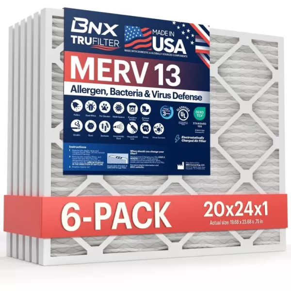 BNX TruFilter 10x10x1 Air Filter MERV 13 6Pack  MADE IN USA  Electrostatic Pleated Air Conditioner HVAC AC Furnace Filters for Allergies Pollen Mold Bacteria Smoke Allergen MPR 1900 FPR 1020x24x1 6Pack