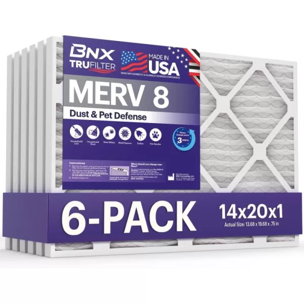 BNX TruFilter 12x12x1 Air Filter MERV 8 6Pack  MADE IN USA  Dust ampamp Pet Defense Pleated Air Conditioner HVAC AC Furnace Filters for Dust Pet Mold Pollen MPR 600  700 ampamp FPR 514x20x1 6Pack