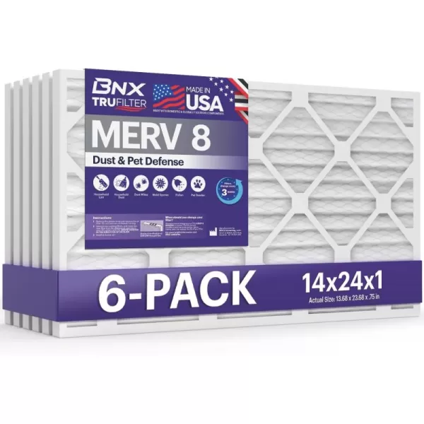 BNX TruFilter 12x12x1 Air Filter MERV 8 6Pack  MADE IN USA  Dust ampamp Pet Defense Pleated Air Conditioner HVAC AC Furnace Filters for Dust Pet Mold Pollen MPR 600  700 ampamp FPR 514x24x1 6Pack