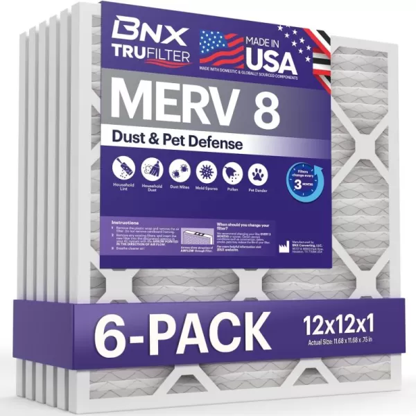 BNX TruFilter 12x12x1 Air Filter MERV 8 6Pack  MADE IN USA  Dust ampamp Pet Defense Pleated Air Conditioner HVAC AC Furnace Filters for Dust Pet Mold Pollen MPR 600  700 ampamp FPR 512x12x1 6Pack