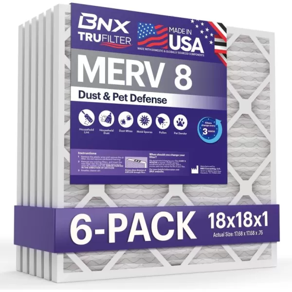 BNX TruFilter 12x12x1 Air Filter MERV 8 6Pack  MADE IN USA  Dust ampamp Pet Defense Pleated Air Conditioner HVAC AC Furnace Filters for Dust Pet Mold Pollen MPR 600  700 ampamp FPR 518x18x1 6Pack