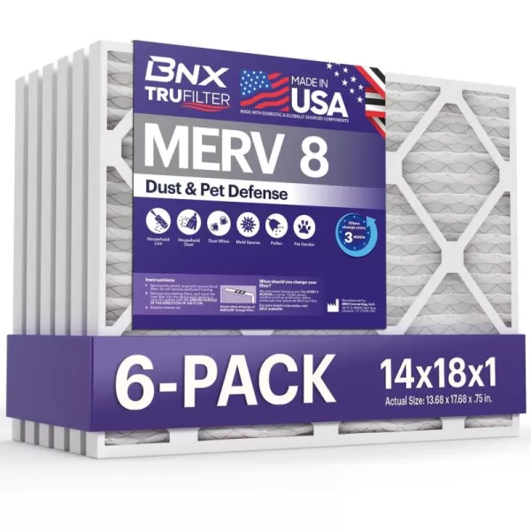 BNX TruFilter 12x12x1 Air Filter MERV 8 6Pack  MADE IN USA  Dust ampamp Pet Defense Pleated Air Conditioner HVAC AC Furnace Filters for Dust Pet Mold Pollen MPR 600  700 ampamp FPR 514x18x1 6Pack