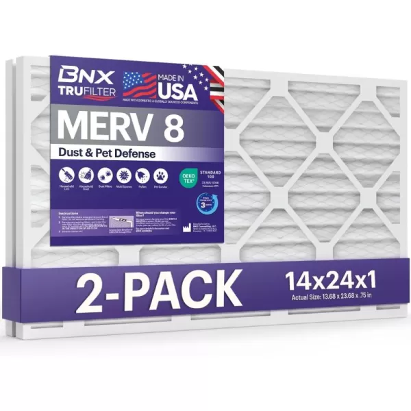 BNX TruFilter 12x12x1 Air Filter MERV 8 6Pack  MADE IN USA  Dust ampamp Pet Defense Pleated Air Conditioner HVAC AC Furnace Filters for Dust Pet Mold Pollen MPR 600  700 ampamp FPR 514x24x1 2Pack