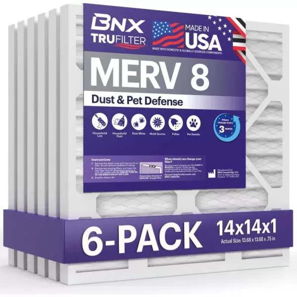 BNX TruFilter 12x12x1 Air Filter MERV 8 6Pack  MADE IN USA  Dust ampamp Pet Defense Pleated Air Conditioner HVAC AC Furnace Filters for Dust Pet Mold Pollen MPR 600  700 ampamp FPR 514x14x1 6Pack